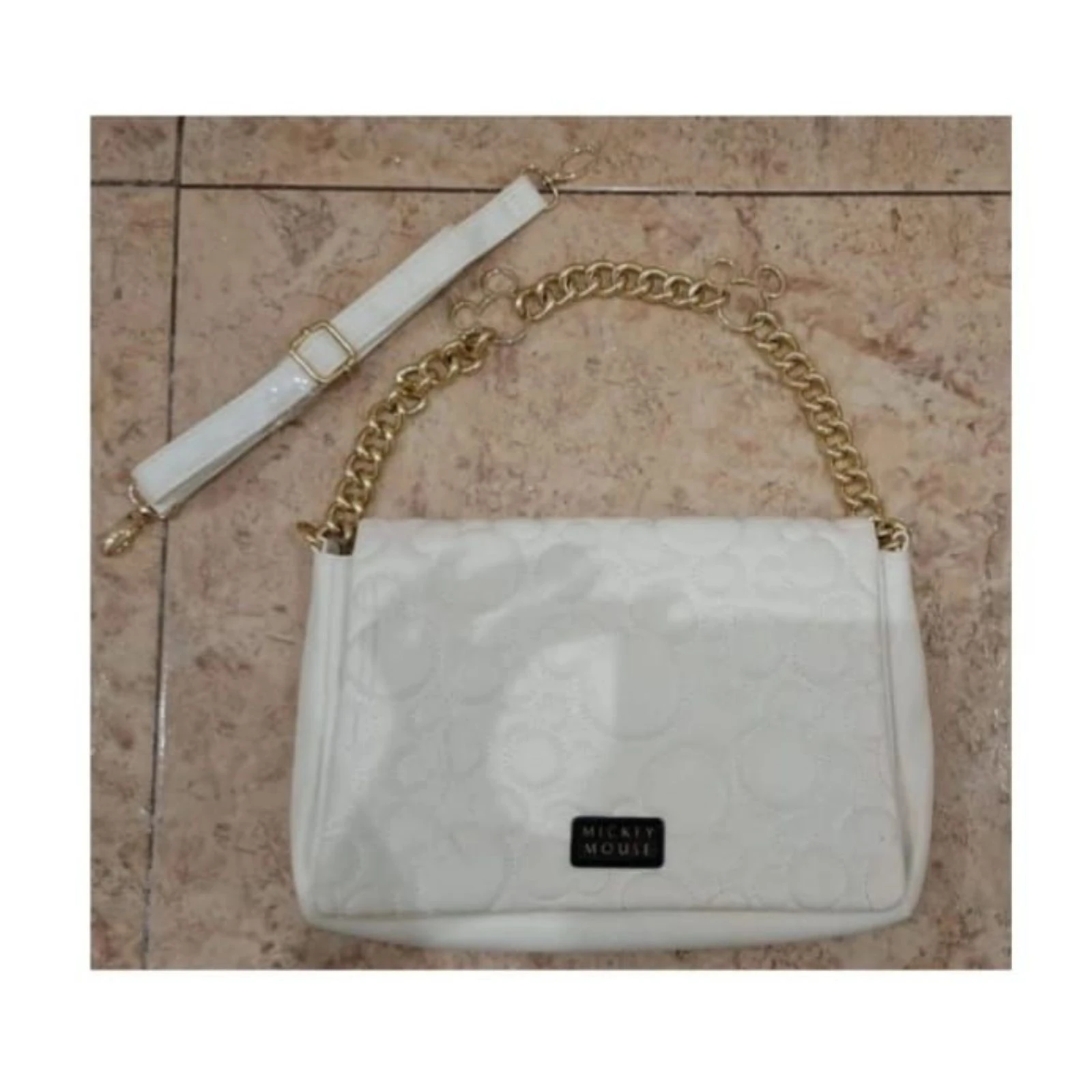  Bolso blanco Mickey Mouse cadena dorada + correa larga estilo vintage limite edition Y2K